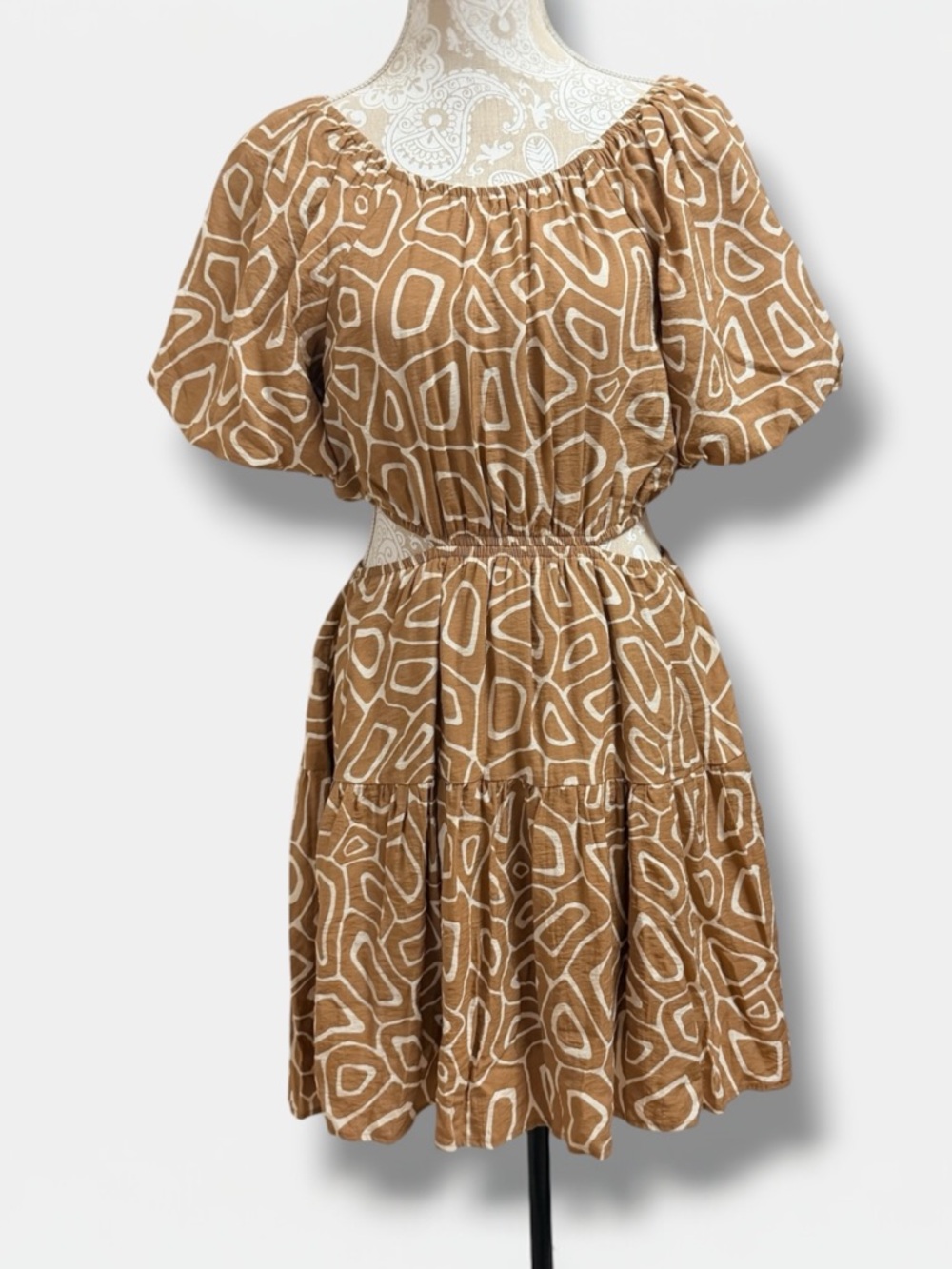 Boho Cutout Mini Dress Brown Abstract Print Puff Sleeve Festival L - Picture 4 of 16